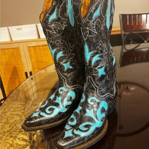 J.B. Dillon Black and Turquoise Western Boots